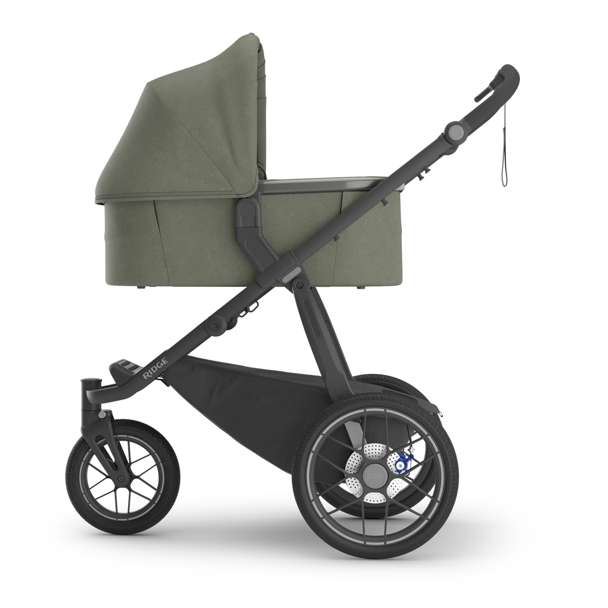 UPPAbaby Ridge V2 with bassinet, side view in Evelyn (Meadow Green) - bassinet sold separately