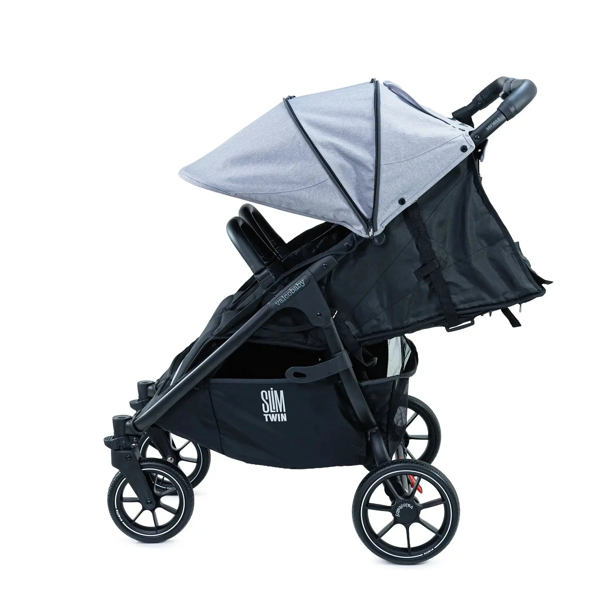 Slim Twin Series2 Steel Grey — individual UPF50+ hoods extended on both seats