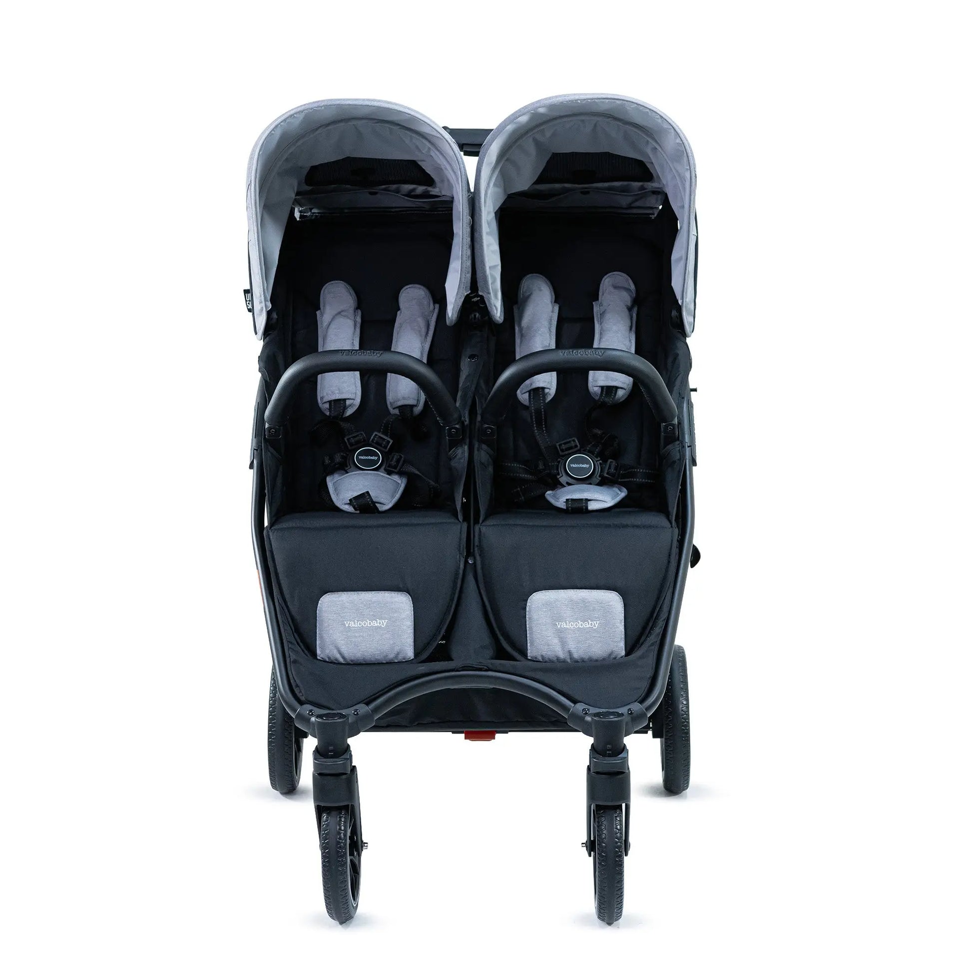Valco Baby Slim Twin Series2 in Steel Grey — rear view showing Evalite wheels and four-wheel suspension