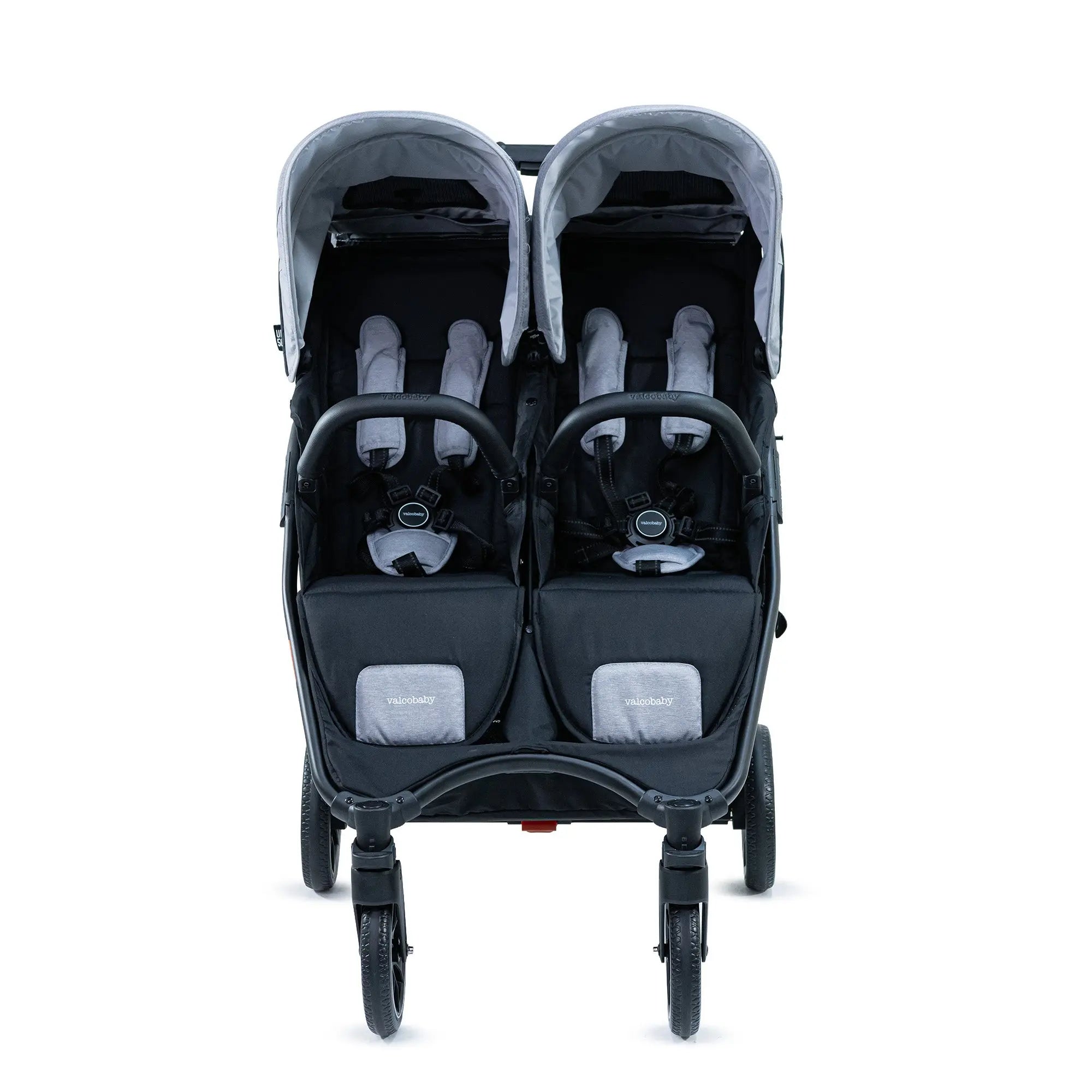 Valco Baby Slim Twin Series2 in Steel Grey — rear view showing Evalite wheels and four-wheel suspension