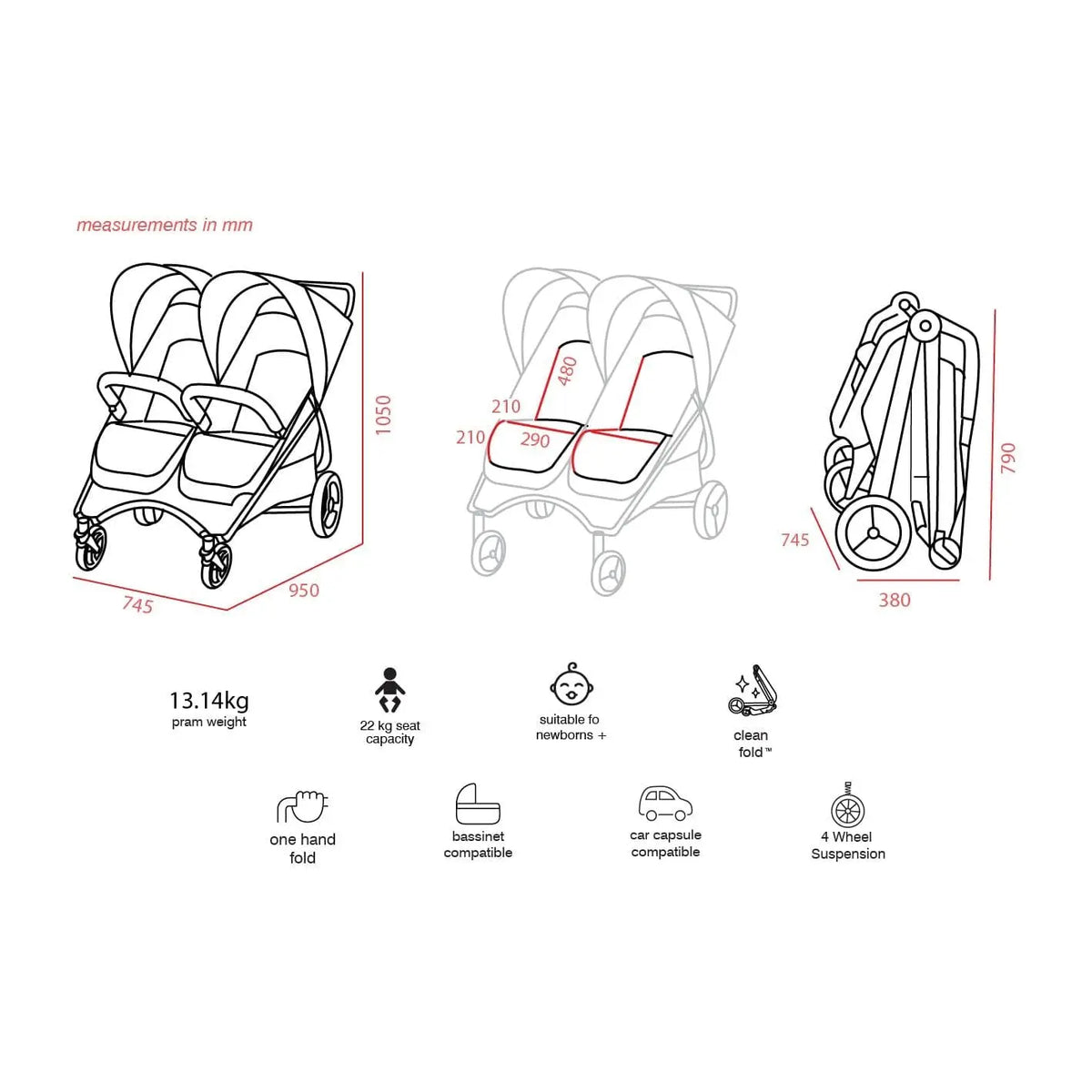 Valco Baby Snap Duo Series2 dimensions: 74.5 cm wide, 105 cm high, 95 cm long; folds to 38 x 74.5 x 79 cm