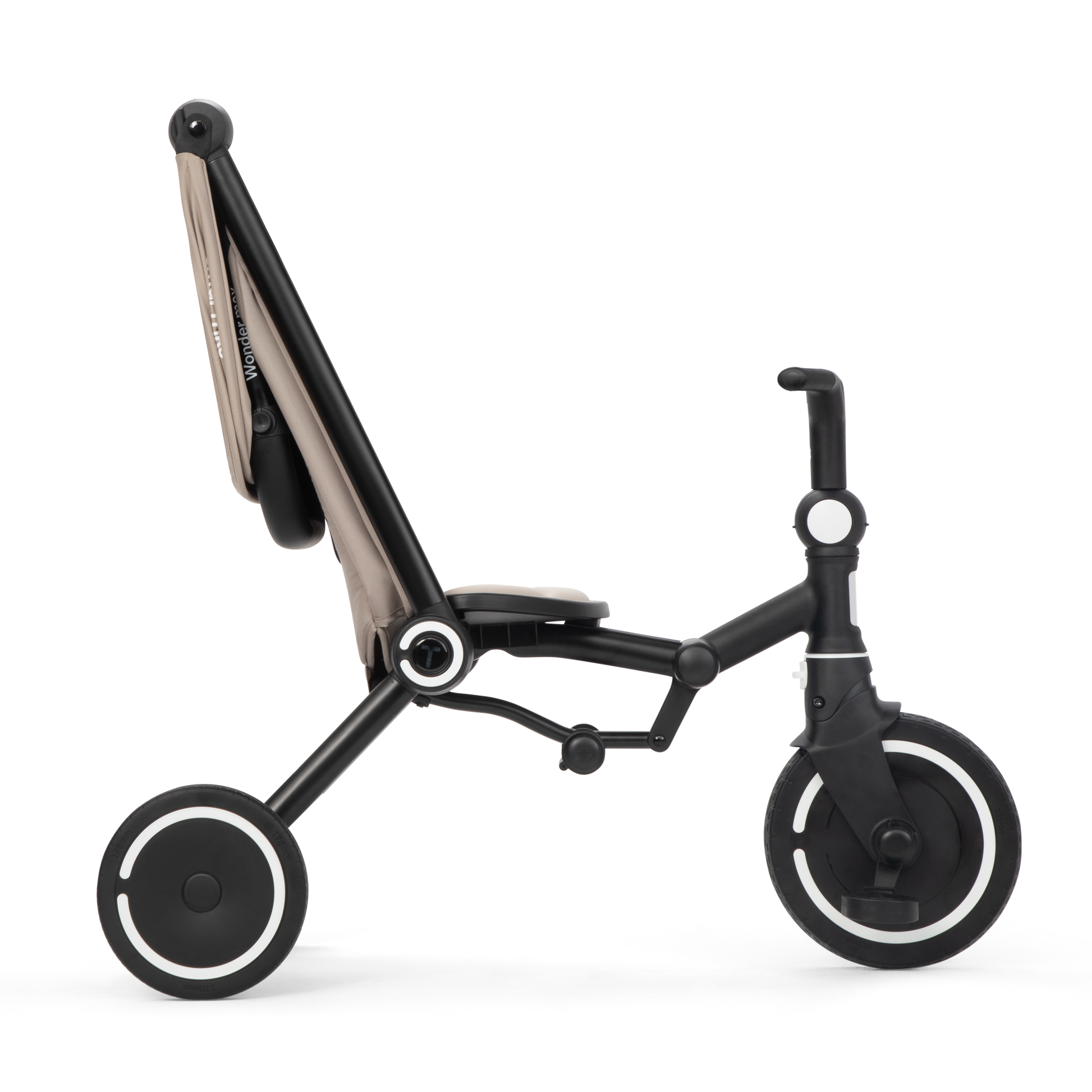 smarTrike Wonder Max Stone Beige in training mode, child pedals while parent guides