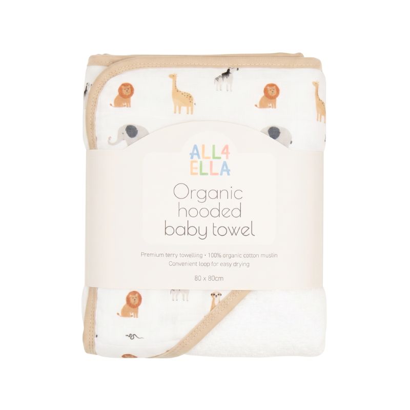 Wild Animals organic baby hooded towel folded