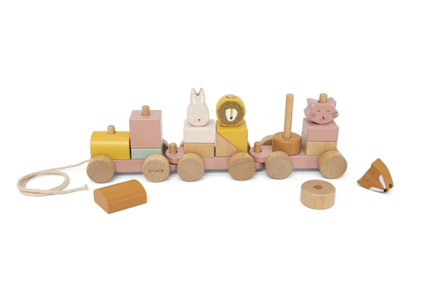 Side view of Trixie Mrs. Cat wooden train showing 33.5cm length of stacked wagons