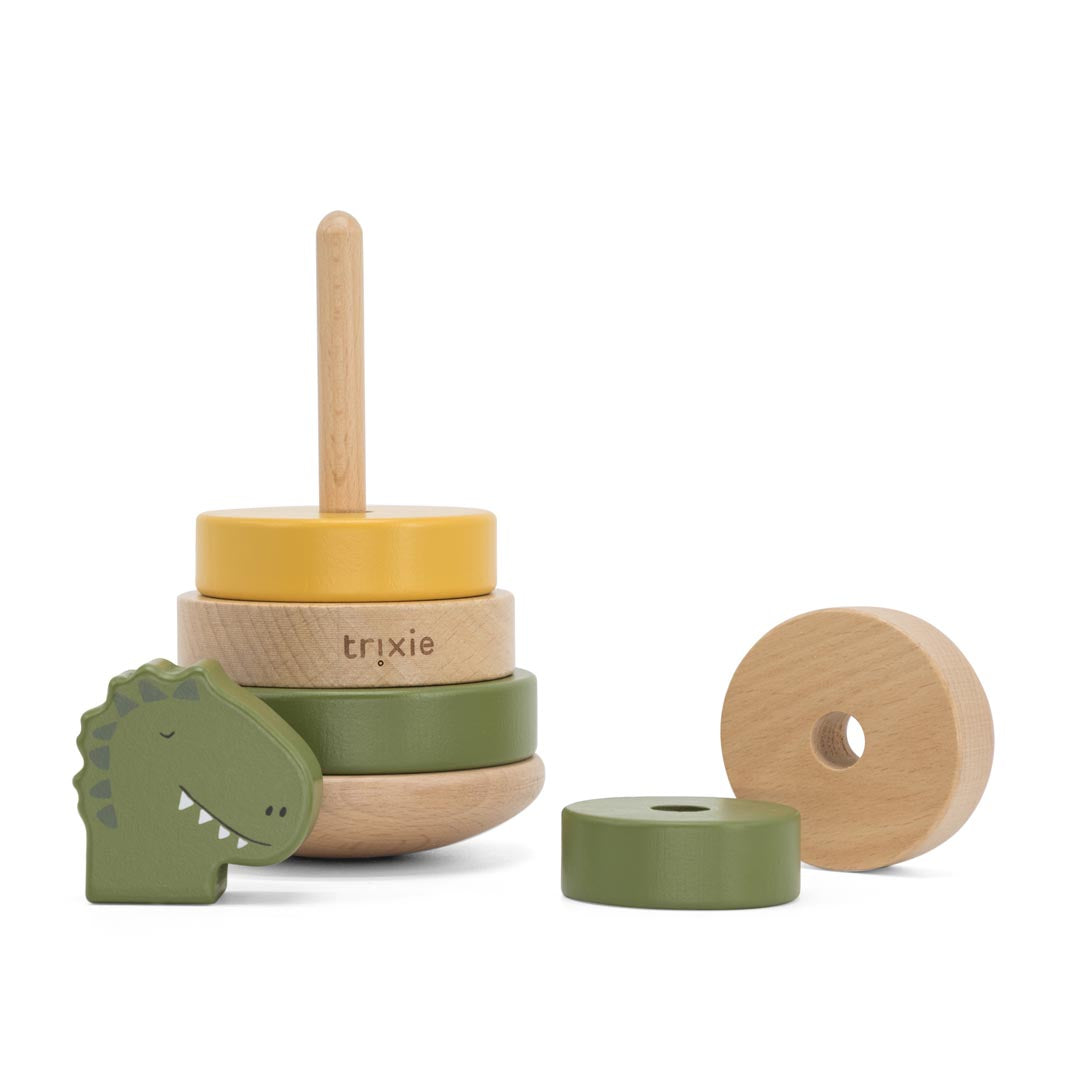 Side view of Trixie Mr. Dino wooden ring stacker showing curved wobble base