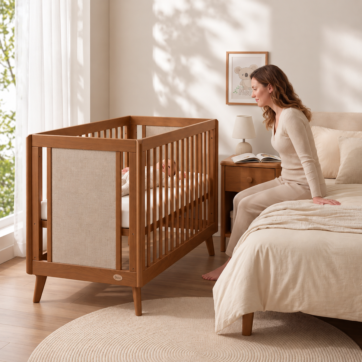 Mum sitting beside the Boori Noosa Cot Bed in Pecan
