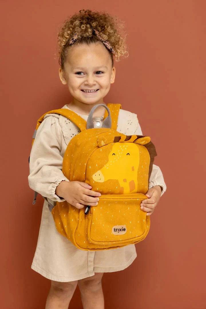 Trixie Mr. Giraffe backpack front view showing main compartment and front pocket