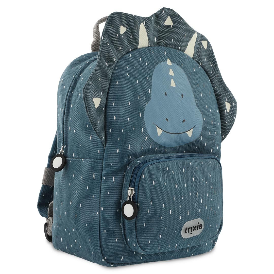 Top handle and chest strap detail on Trixie Mr. Triceratops school bag