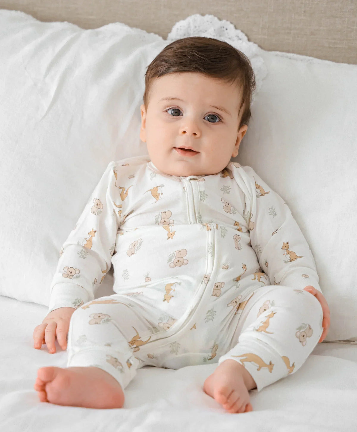 Lummi in Colour bamboo growsuit in the Kangaroo and Koala print