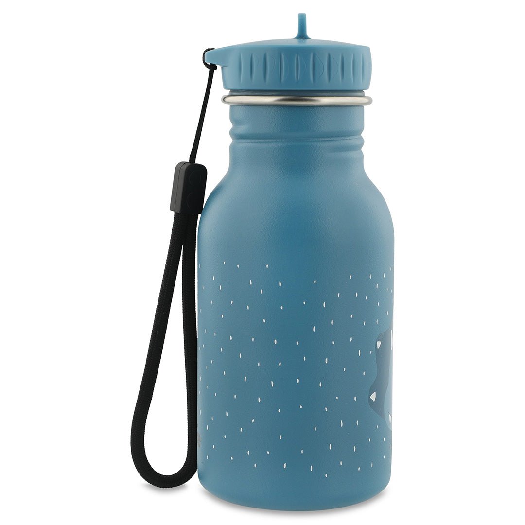 Side view of Trixie Mr. Triceratops stainless steel drink bottle showing slim profile