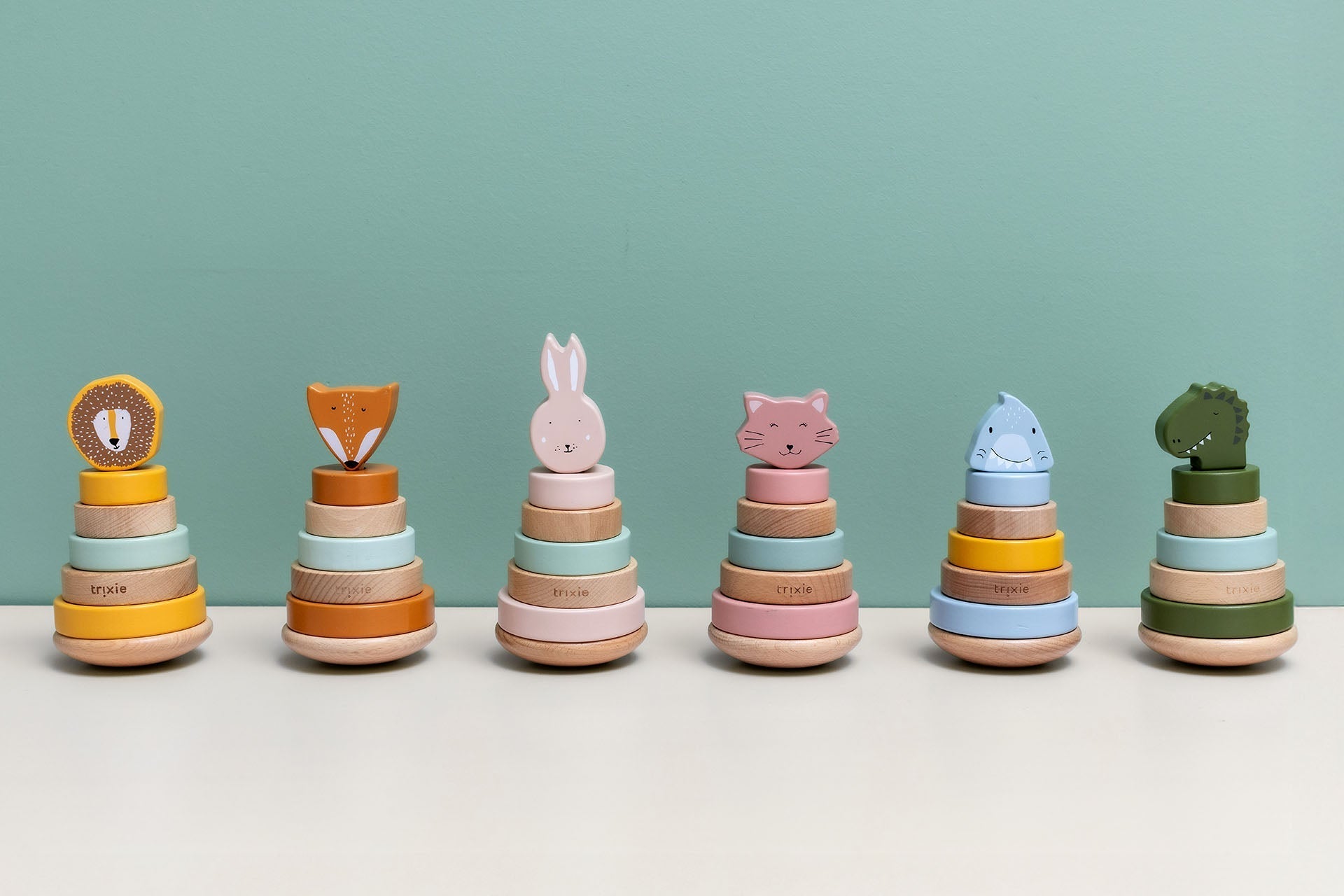 Trixie Mr. Dino stacking toy with all six rings complete – toddler fine motor toy