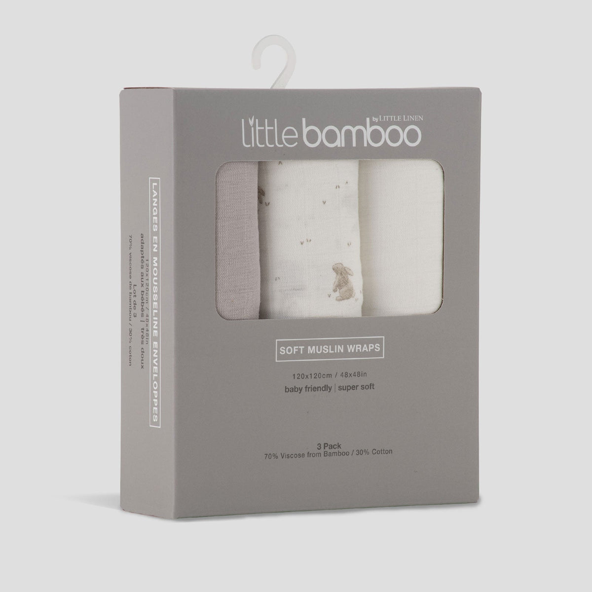 Stone Grey bamboo muslin wrap showing the acorn print