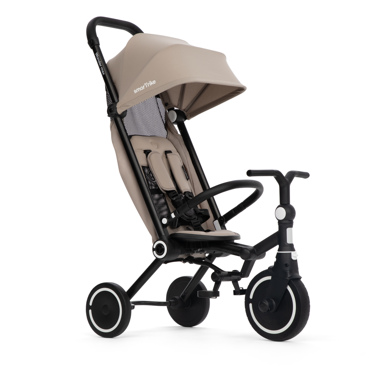 smarTrike Wonder Max stroller trike in Stone Beige, side view with seat upright