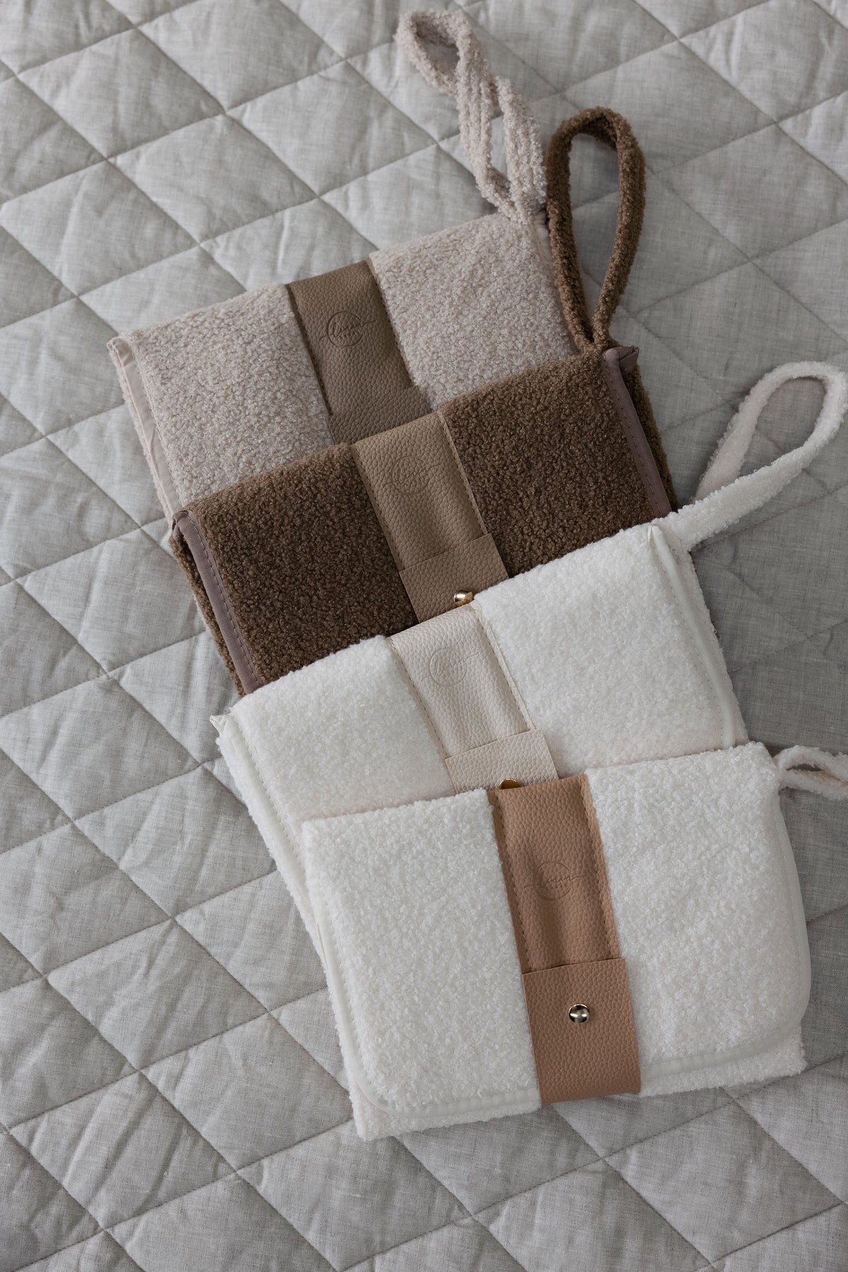 Linen Label teddy change mat wallets in Nude and Coco