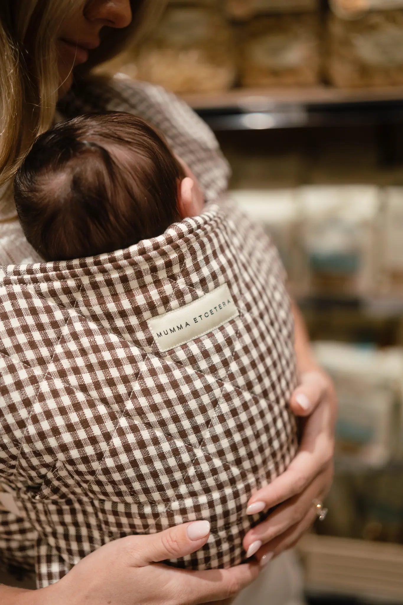 Woven Mumma Etcetera label detail on the Elston gingham Daily Carrier