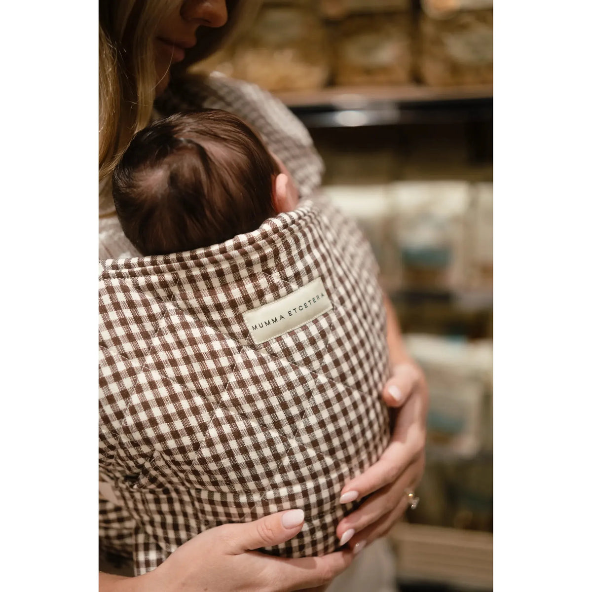 Woven Mumma Etcetera label detail on the Elston gingham Daily Carrier