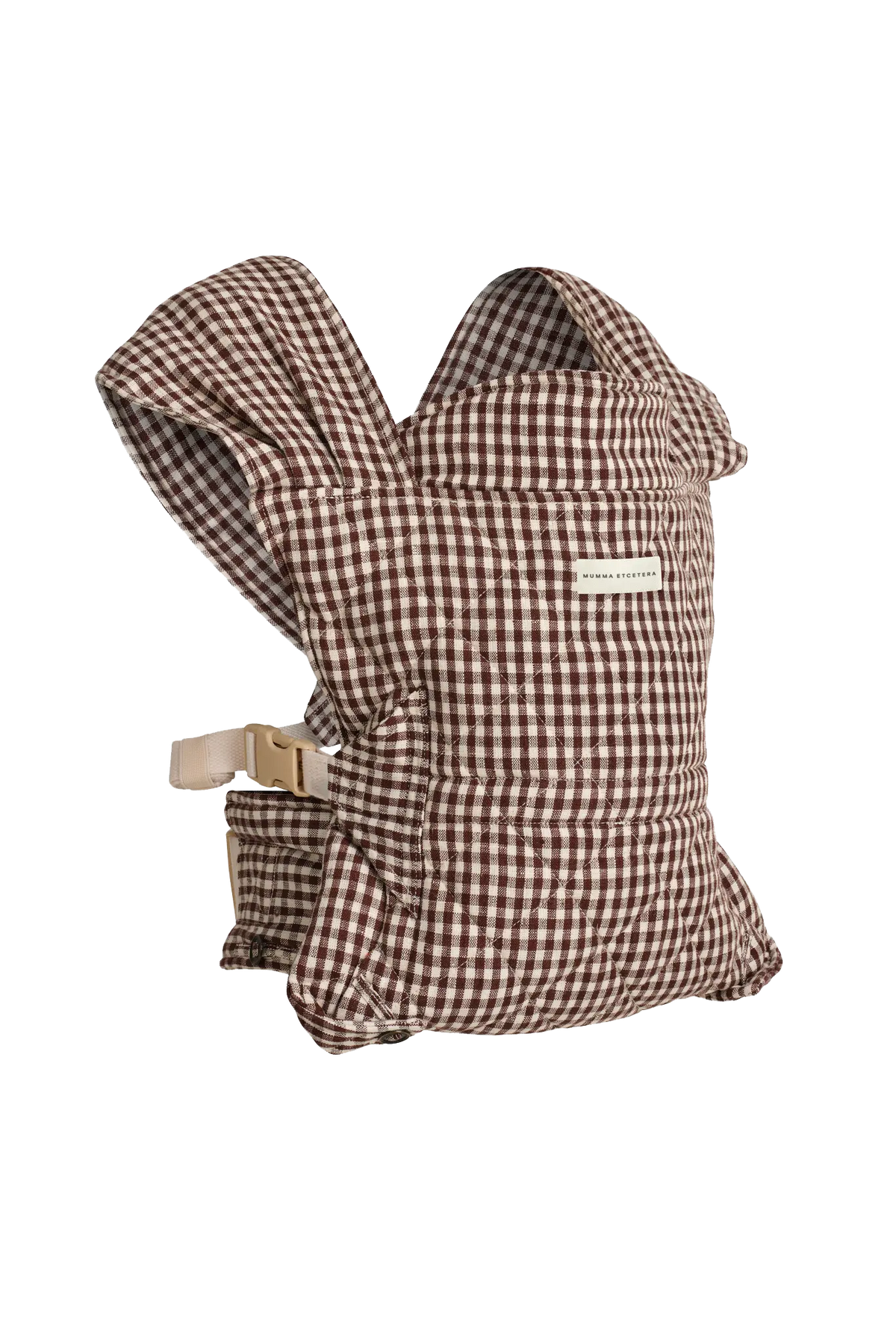 Mumma Etcetera Daily Carrier in Elston gingham, brown check linen with rolled headrest and waist buckle