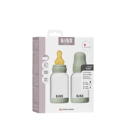BIBS Glass Bottle Complete Set (2 Pack) 120ml Latex - Sage