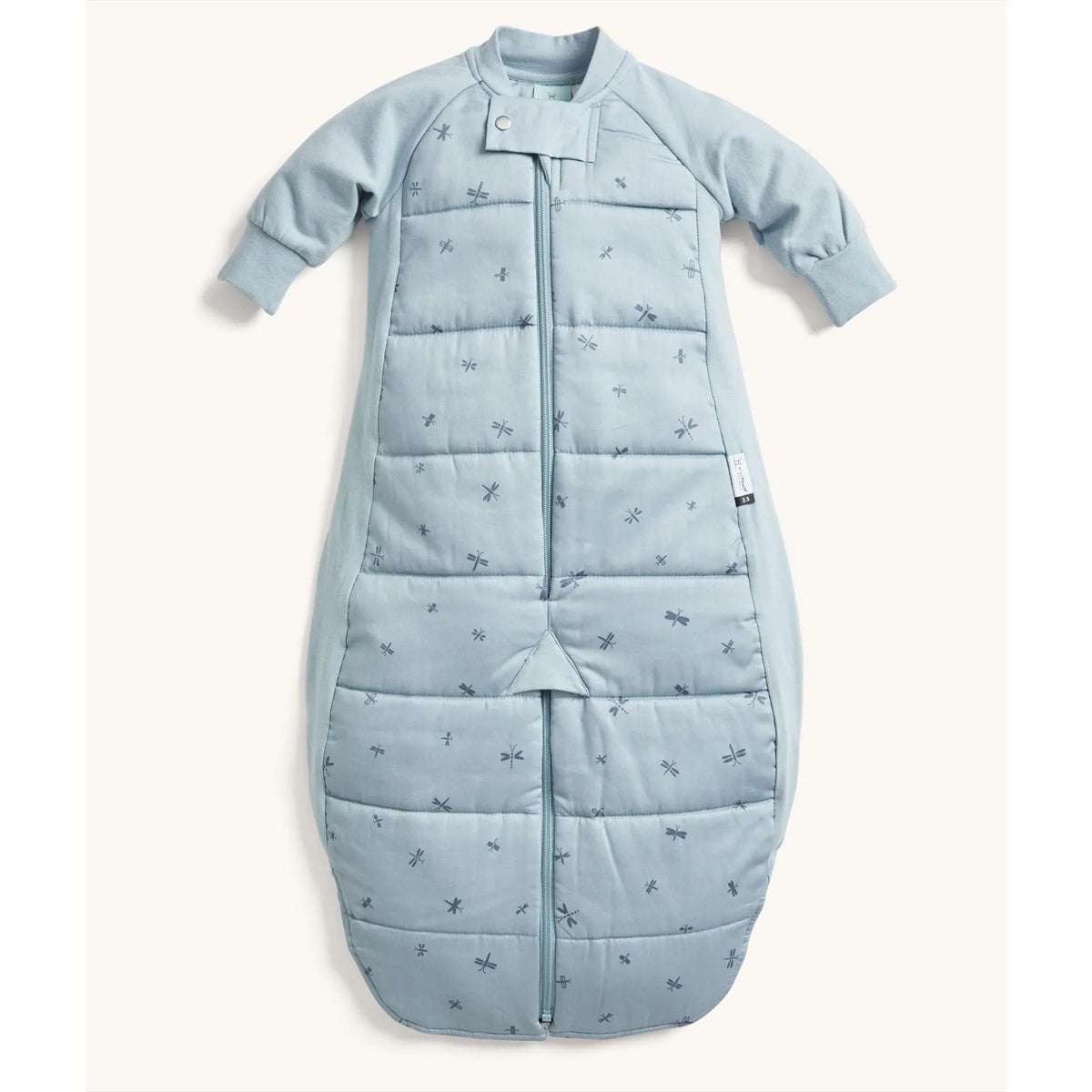 ergoPouch Sleep Suit Bag 2.5 TOG Dragonflies zipped closed in traditional sleeping bag mode