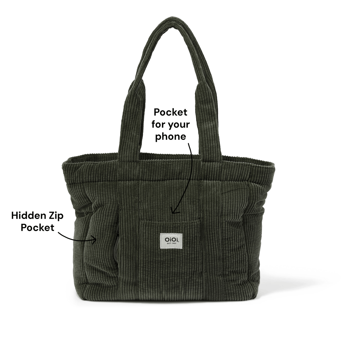 OiOi Everyday Tote internal pockets and insulated bottle holders (shown in Moss Green)