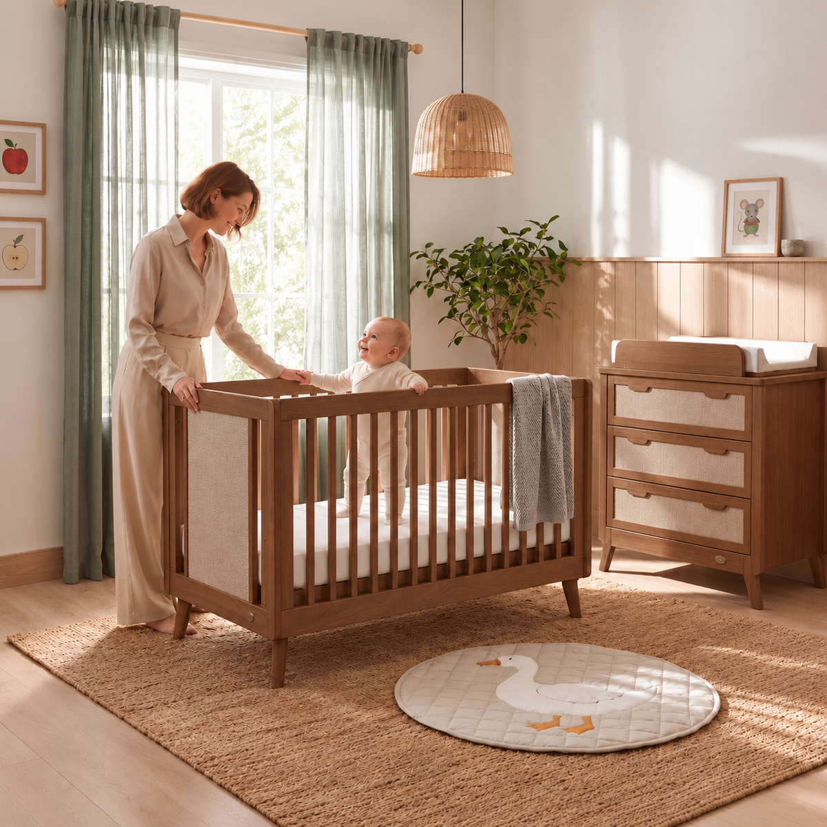Parent tucking baby into the Boori Noosa Cot Bed in a warm Pecan nursery