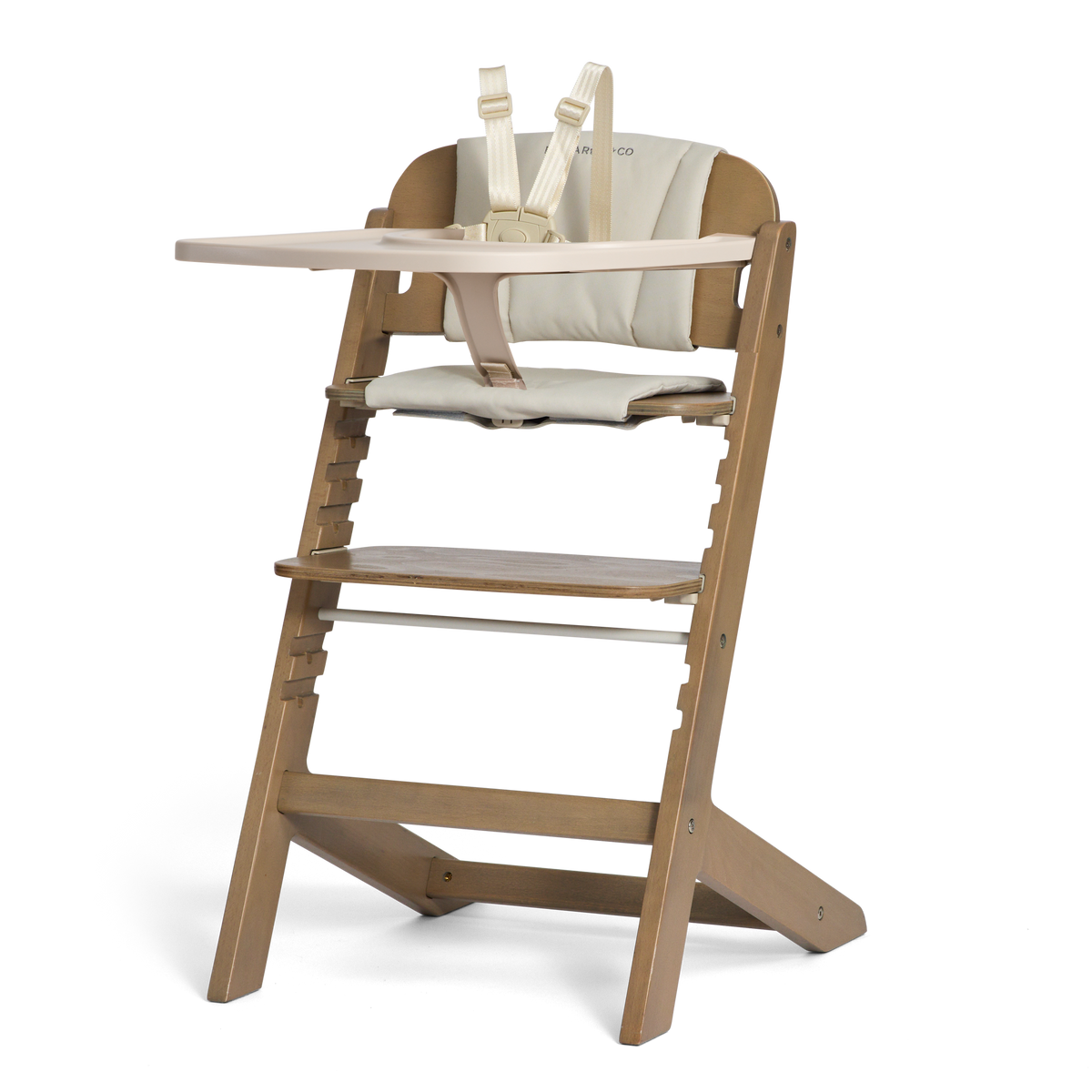 Cariboo Frankie Highchair in Walnut, solid beech wood high chair with tray and 5-point harness