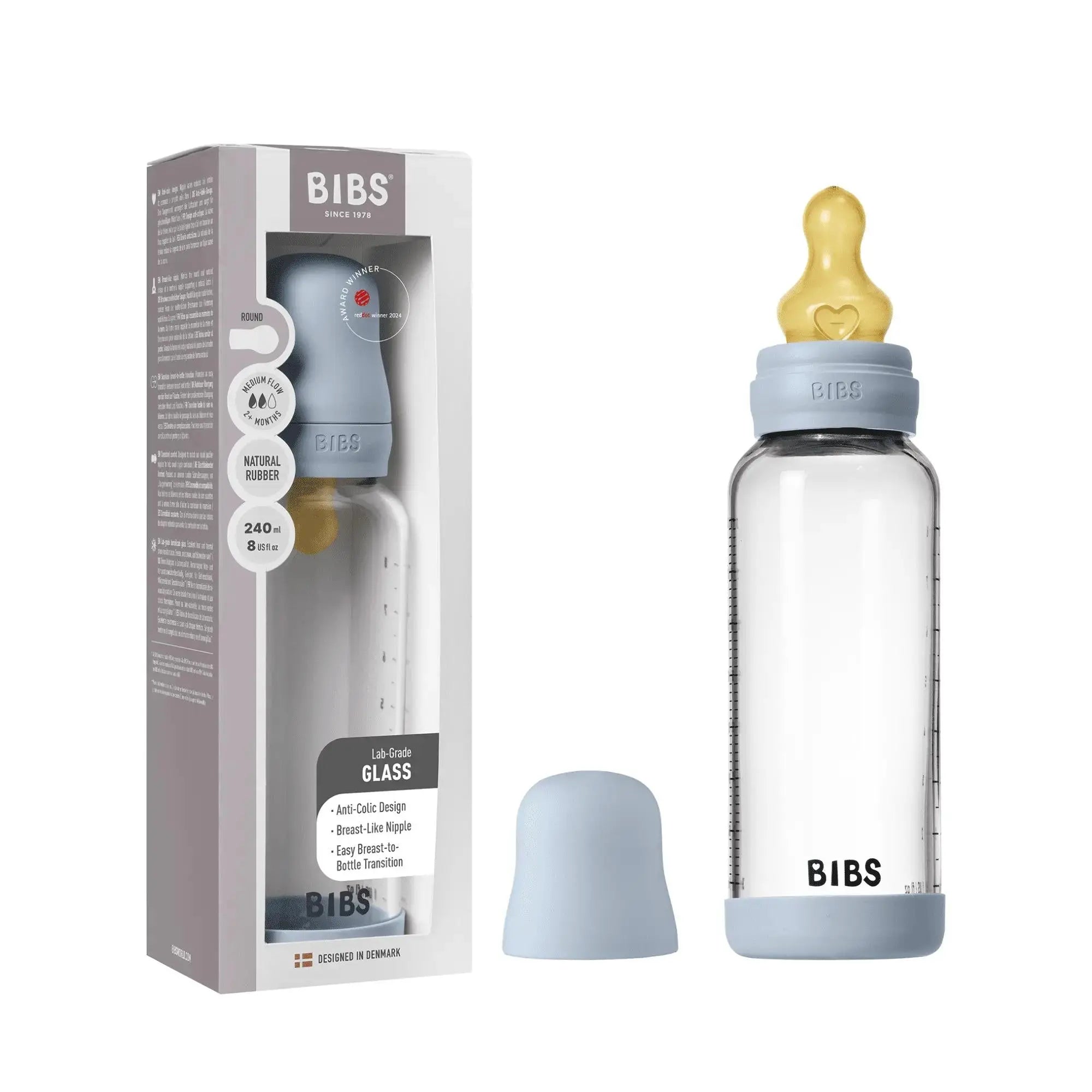 Glass Baby Bottle Complete Set 240ml Latex - Baby Blue (ETA Mid August)