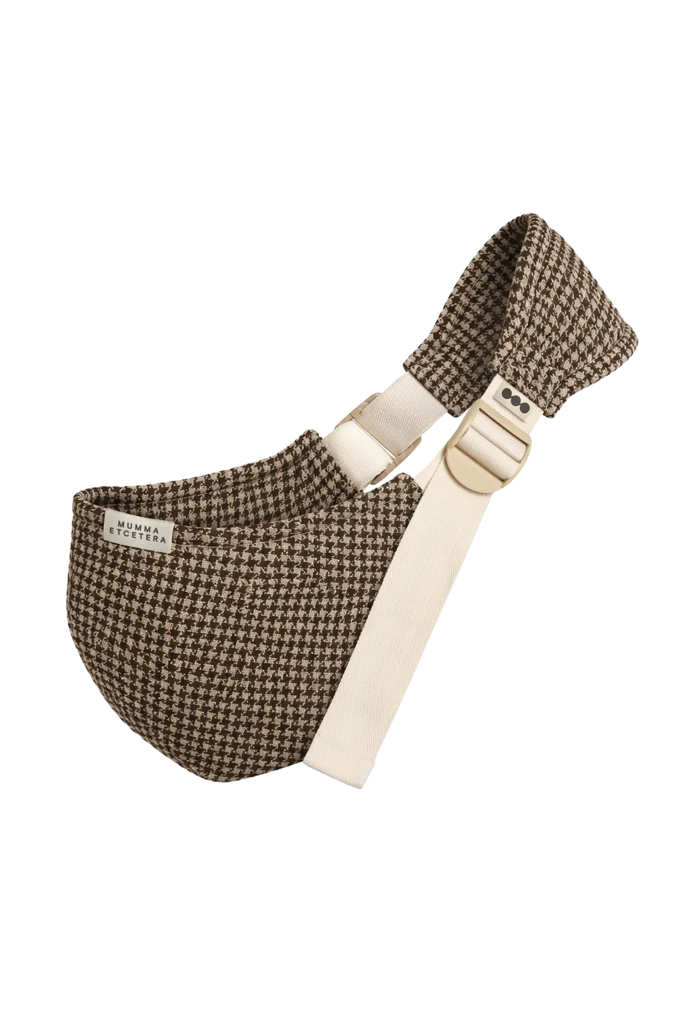 Mumma Etcetera Hipsy Carrier in Arista houndstooth, brown and oat handwoven linen with cream webbing