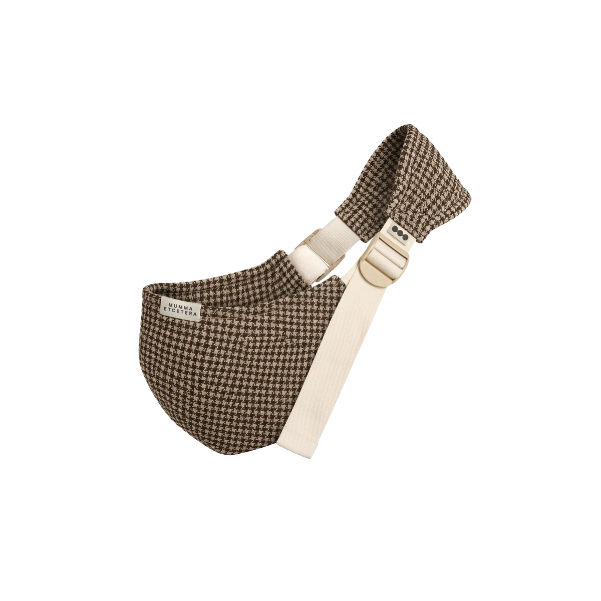 Mumma Etcetera Hipsy Carrier in Arista houndstooth, brown and oat handwoven linen with cream webbing