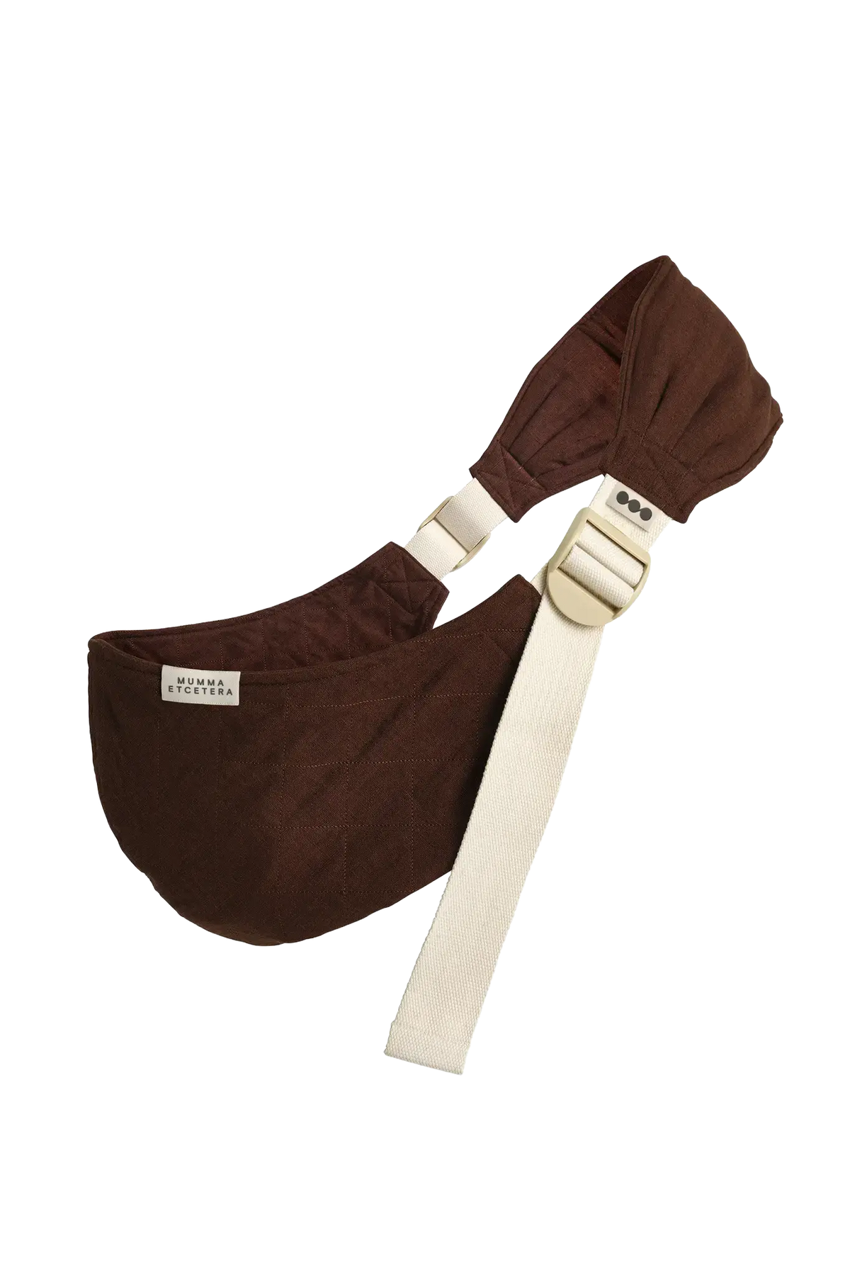 Mumma Etcetera Hipsy Carrier in Coco chocolate brown linen, quilted hip seat and cupped shoulder strap