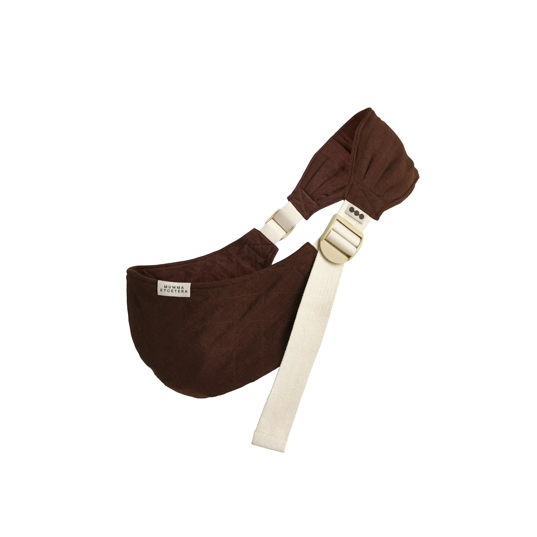 Mumma Etcetera Hipsy Carrier in Coco chocolate brown linen, quilted hip seat and cupped shoulder strap