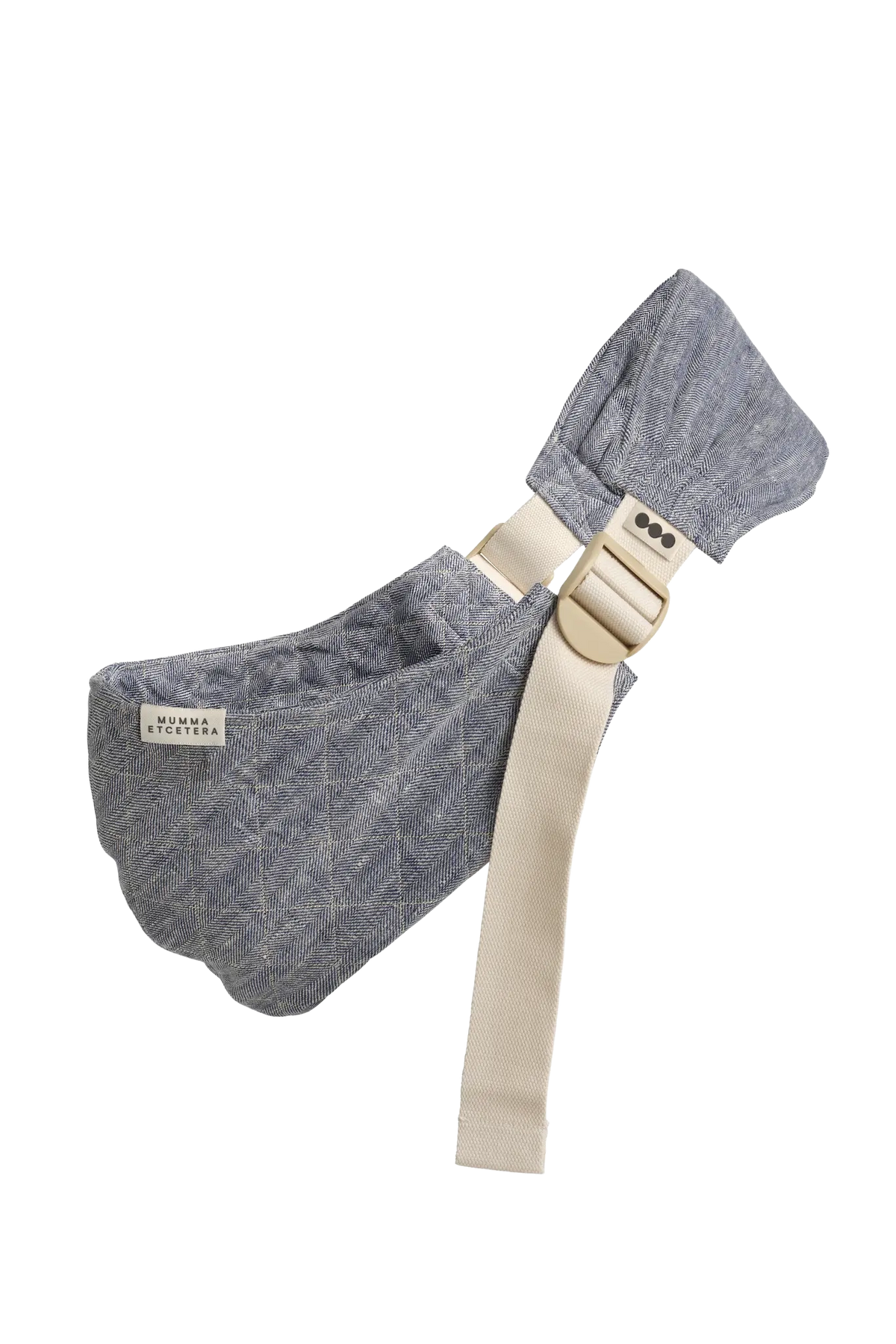 Mumma Etcetera Hipsy Carrier in Lane blue-grey herringbone linen, quilted seat and cupped shoulder strap