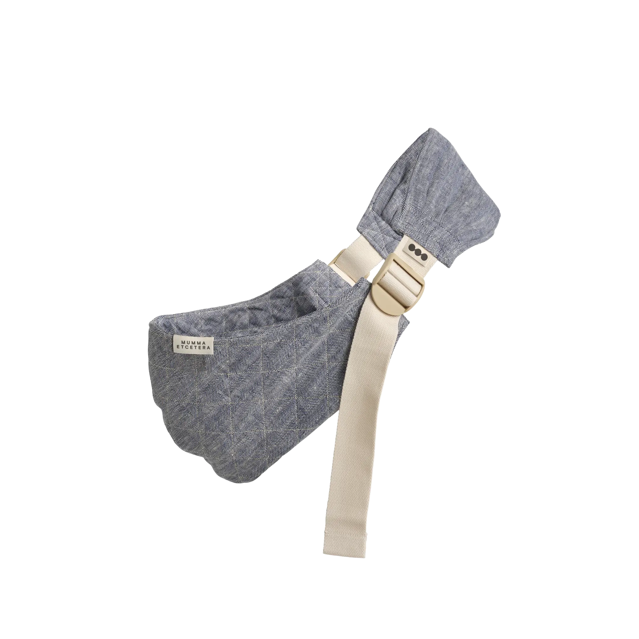Mumma Etcetera Hipsy Carrier in Lane blue-grey herringbone linen, quilted seat and cupped shoulder strap