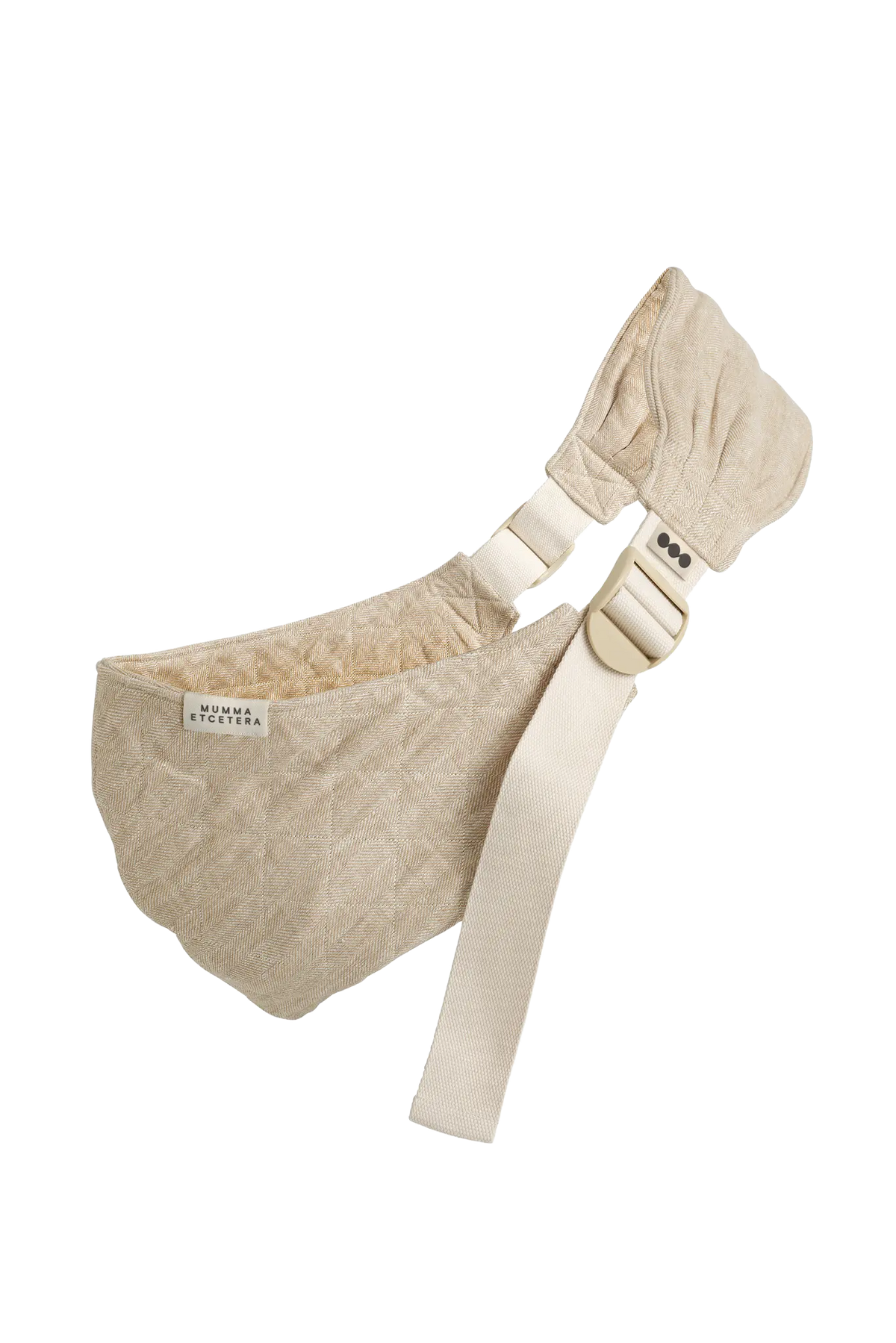 Mumma Etcetera Hipsy Carrier in Meadow oatmeal herringbone linen, quilted hip seat with strap laid out