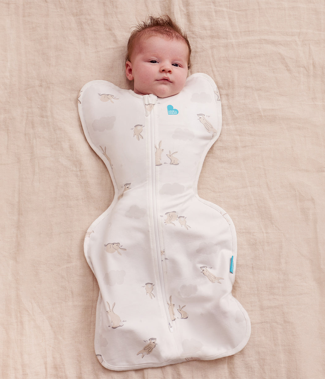 Love to Dream Swaddle Up 1.0 TOG Cotton White Cloud Bunnies — front view of swaddle