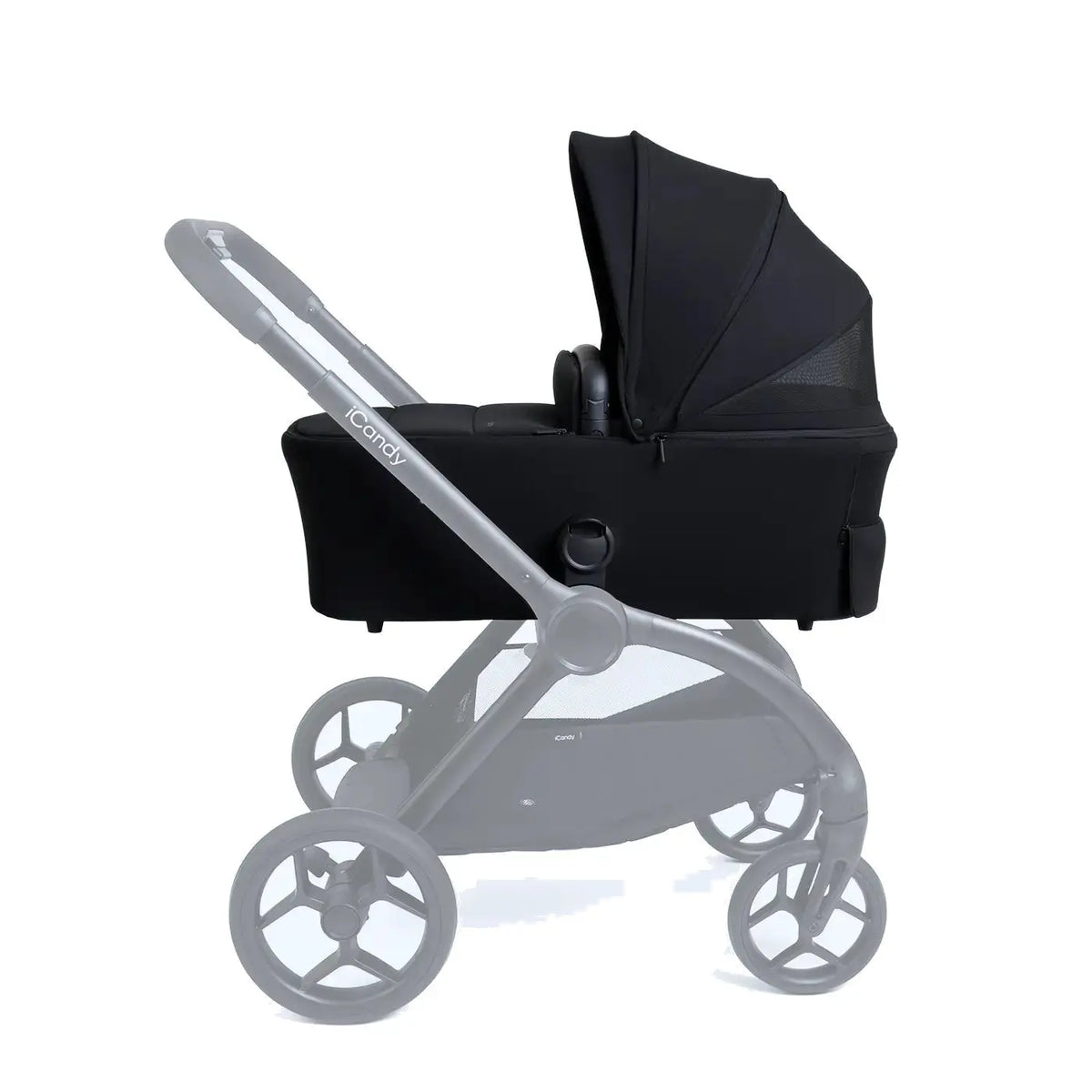 iCandy Core 2 Carrycot in Black — extendable UPF 50+ canopy detail