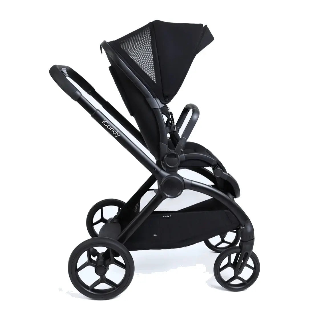 iCandy Core 2 Pram in Black — side profile with world-facing seat position
