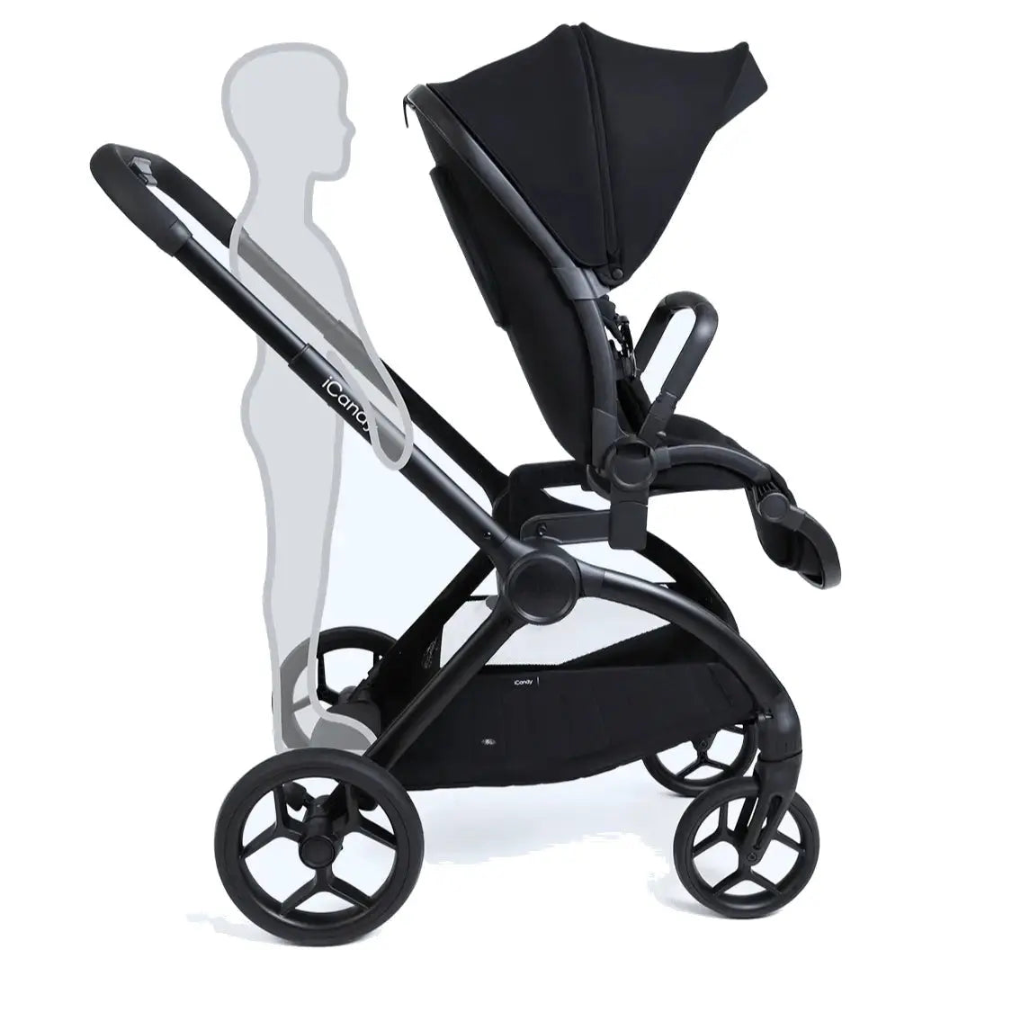 iCandy Core 2 Pram in Black — front three-quarter view showing UPF 50+ canopy