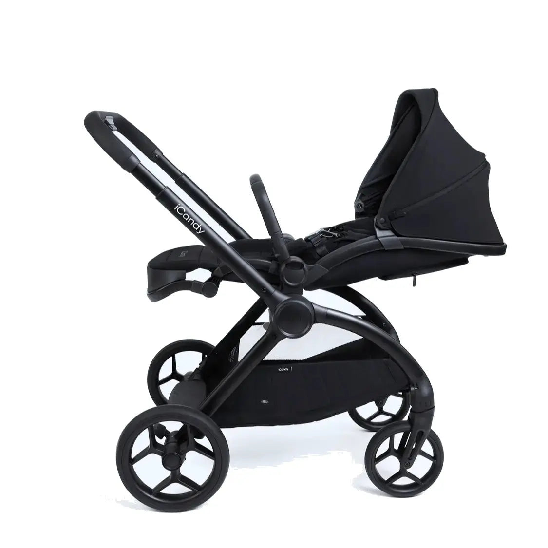 iCandy Core 2 Pram in Black — rear view showing deep storage basket and rear wheels