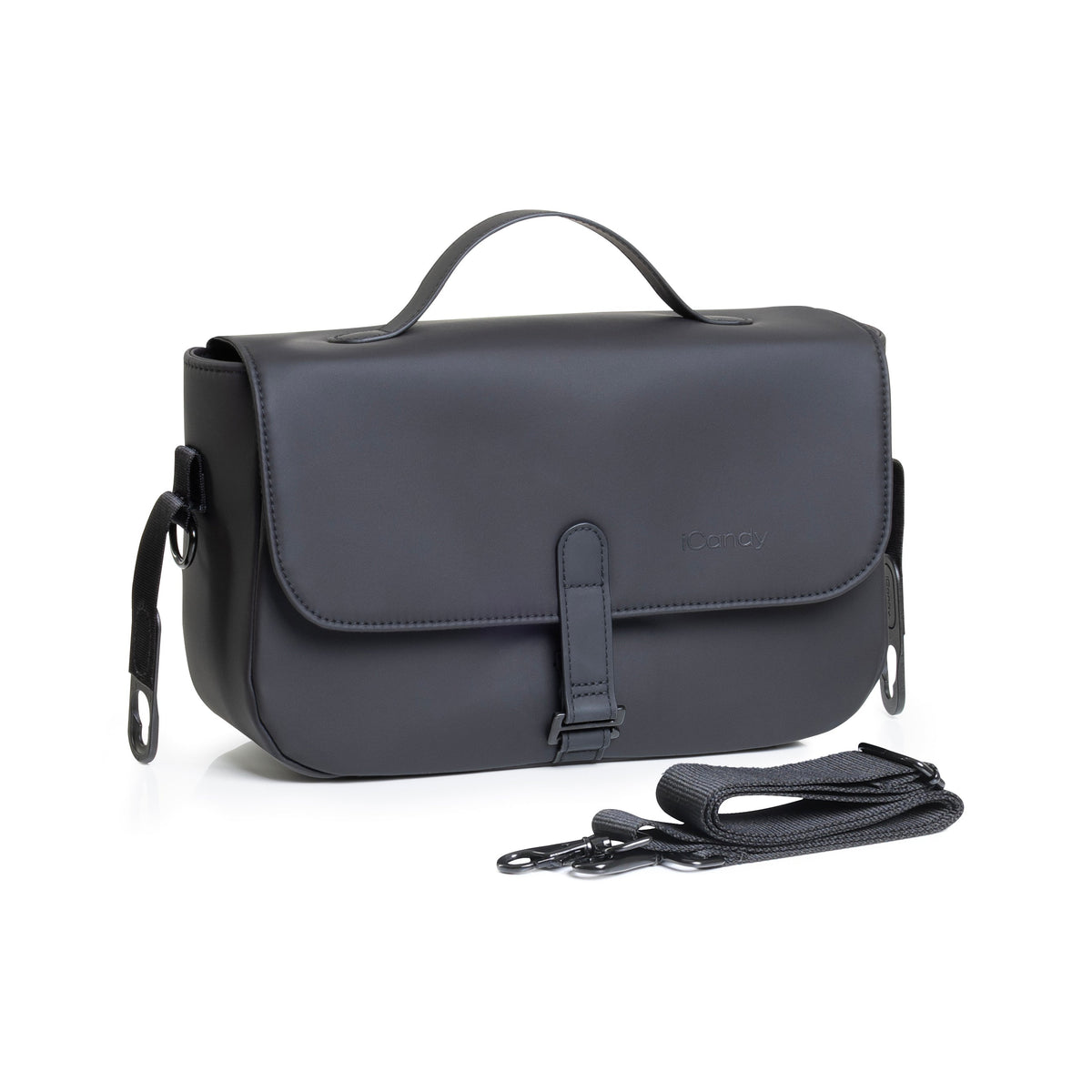 iCandy Organiser Bag in Charcoal attached to a pram handlebar