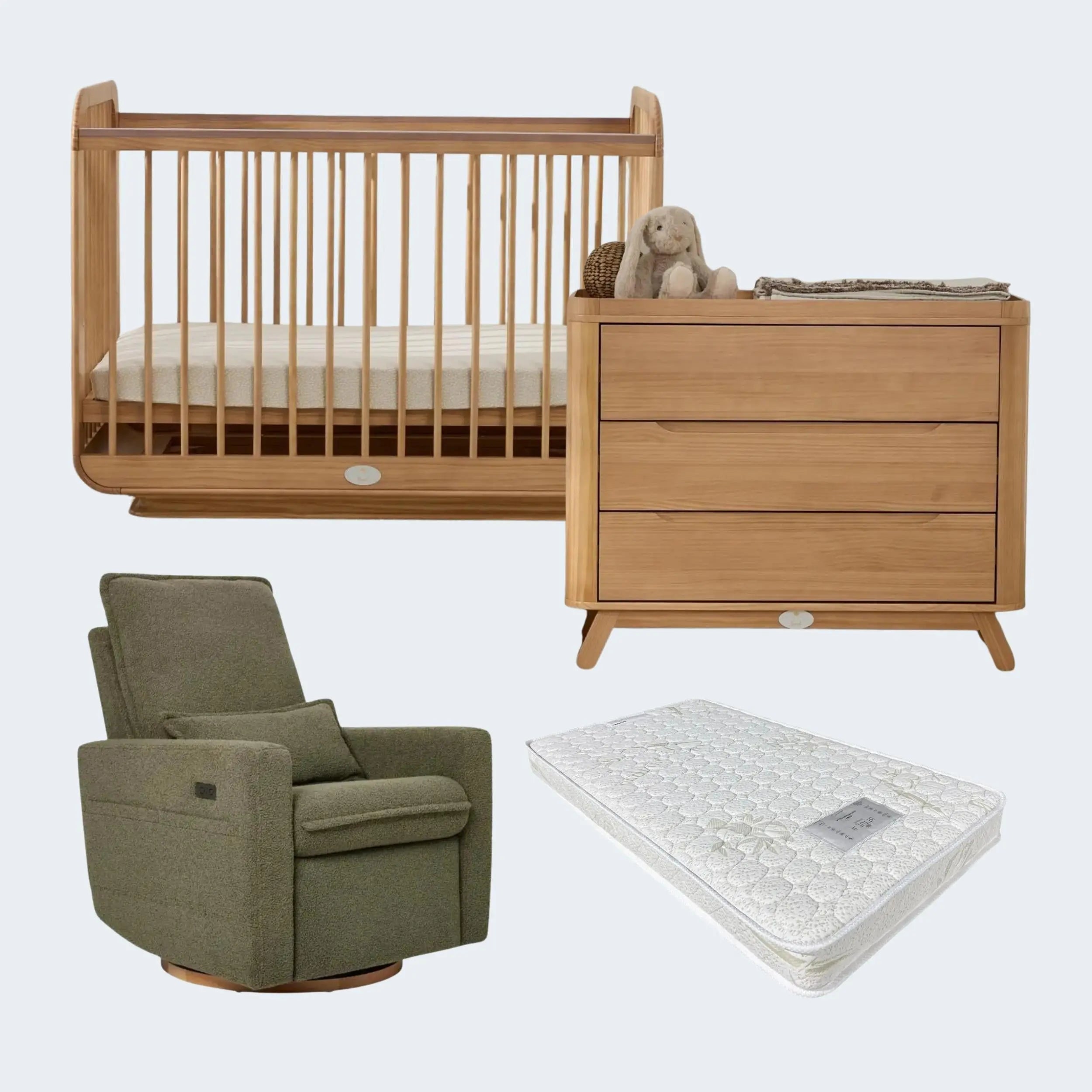 il Tutto Ollie Cot, Mattress, Dresser and Frankie Electric Nursing Chair Package  