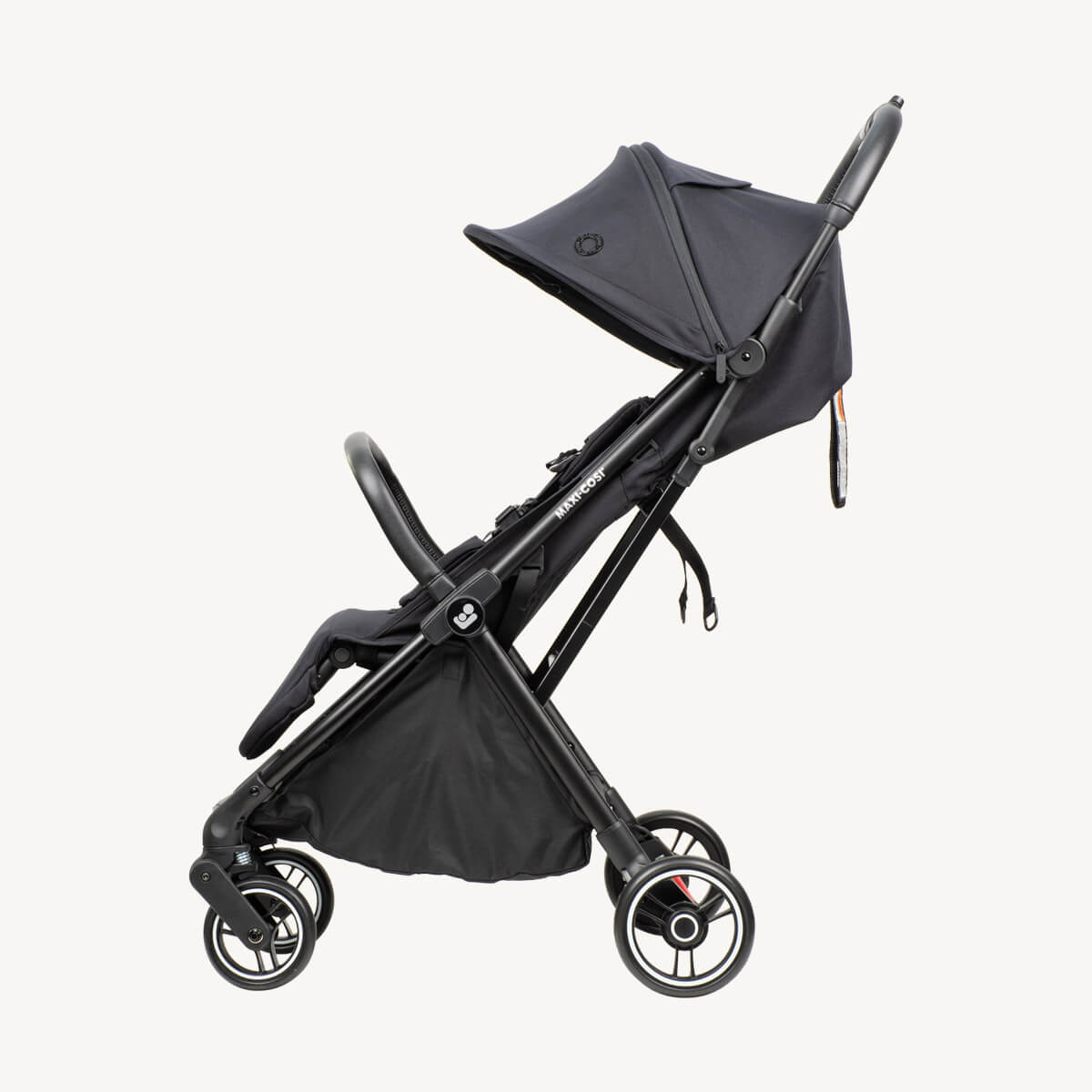 Maxi Cosi Leya stroller side profile with canopy, Essential Black
