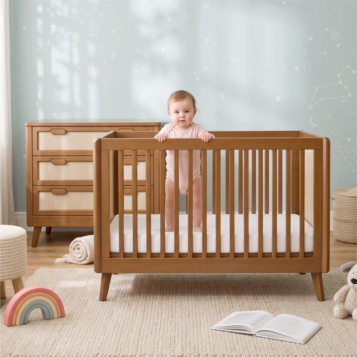 Baby standing in the Boori Noosa Cot Bed holding the rail