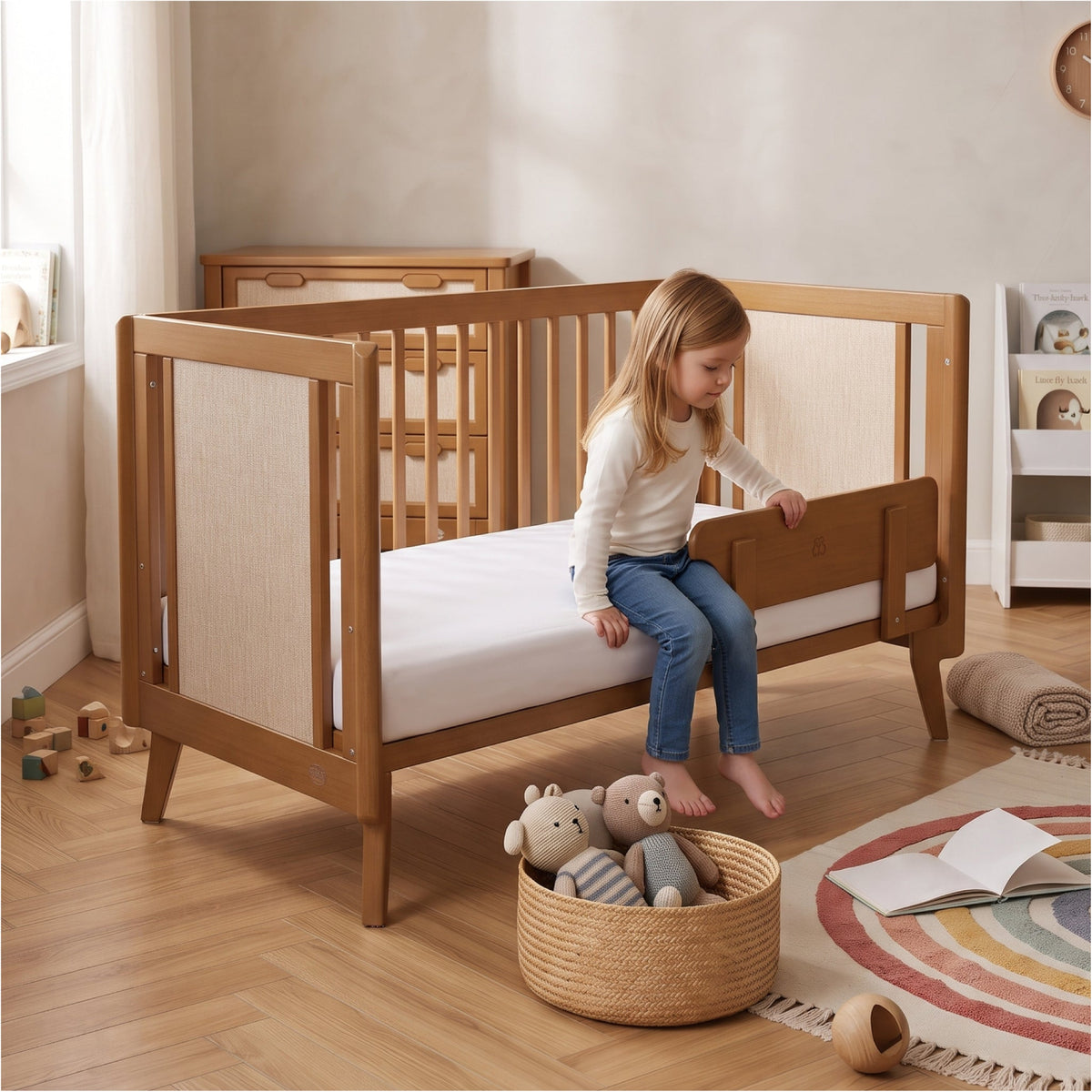 Toddler sitting on the Boori Noosa Cot Bed in toddler bed mode