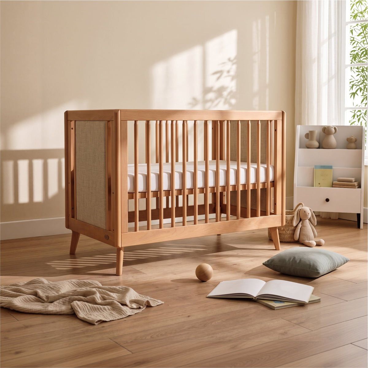 Boori Noosa Cot Bed beside a rug and soft toys