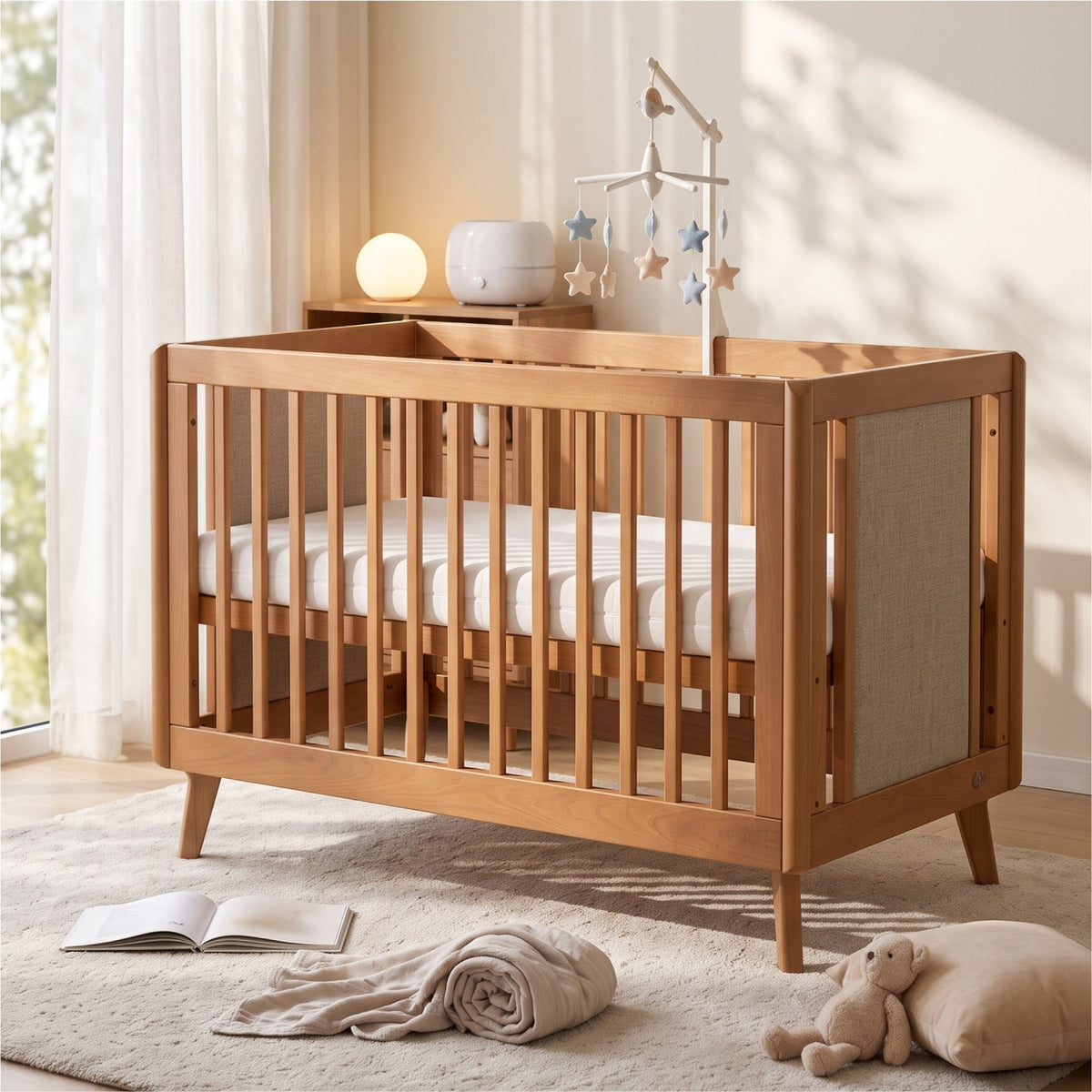 Boori Noosa Cot Bed Pecan with outward-angled legs in a styled nursery