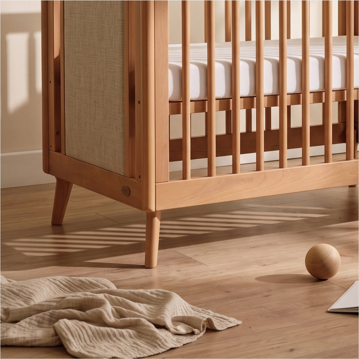 Detail of the Noosa Cot Bed Pecan timber spindles and leg