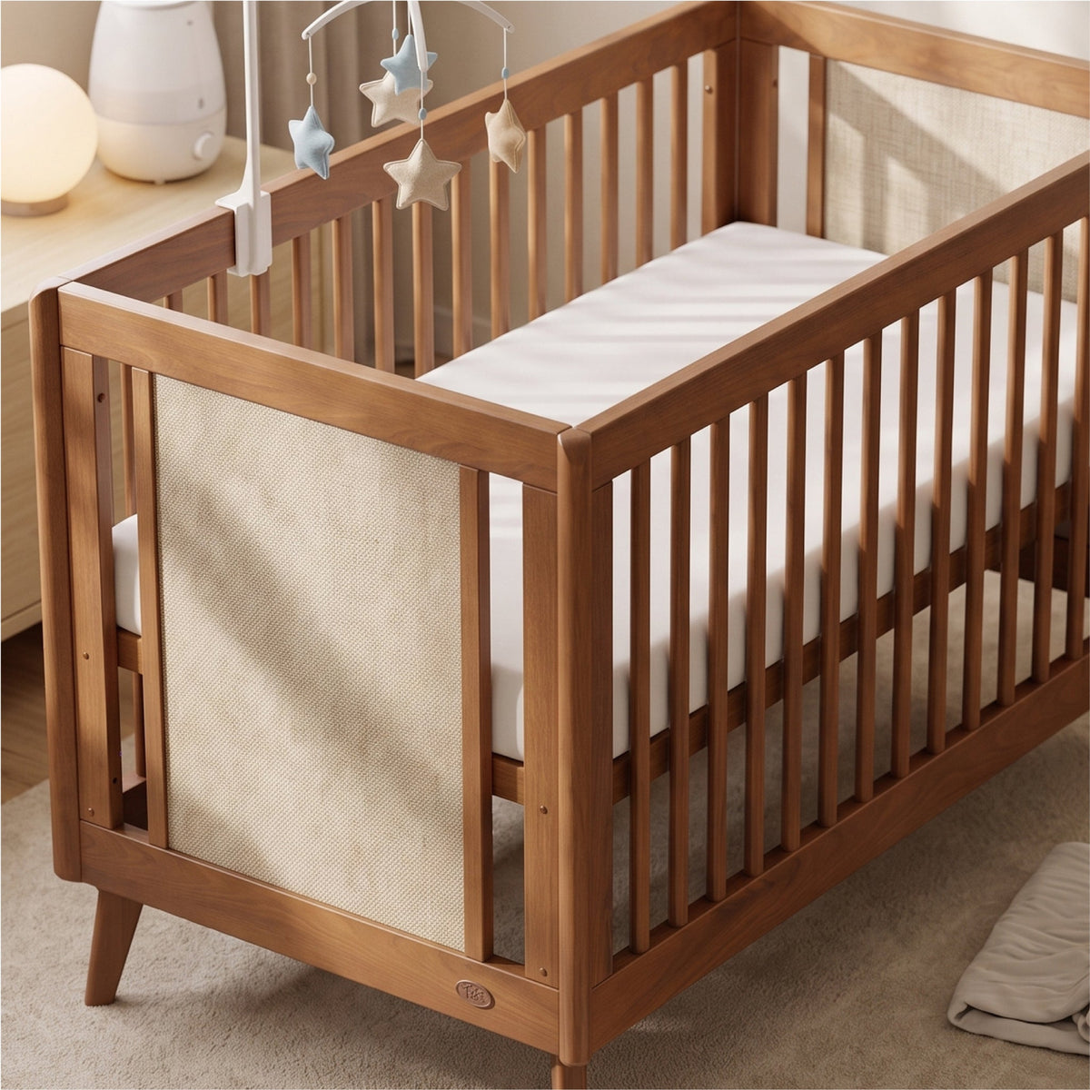 Close-up of the Noosa Cot Bed linen-look end panel and rounded post