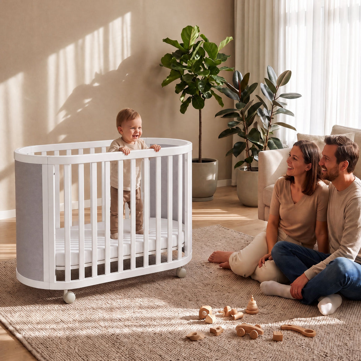 Baby standing in the Eden Elite Oval Cot (shown in Light Truffle & White)