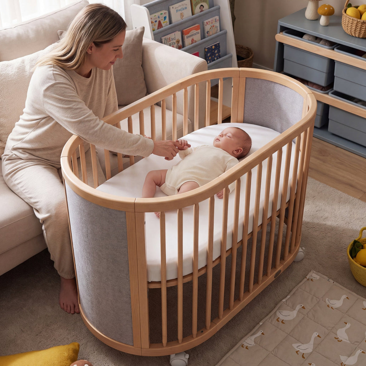 Parent placing baby in the Eden Elite Oval Cot